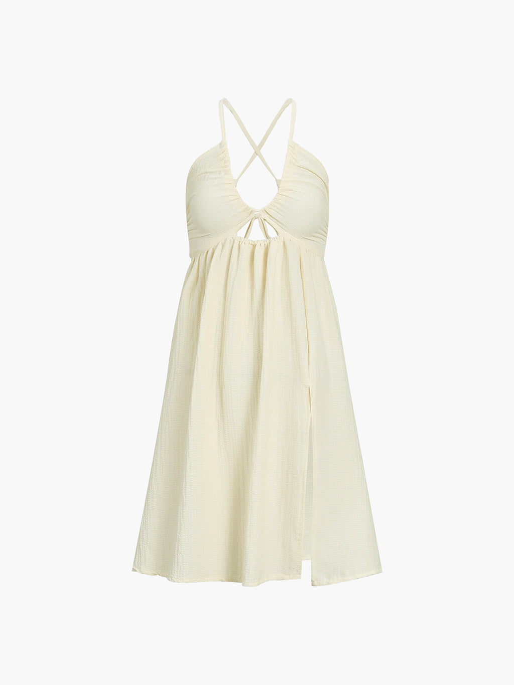 Cream midi dress with a halter neckline, crisscross back straps, and split flowy hem.