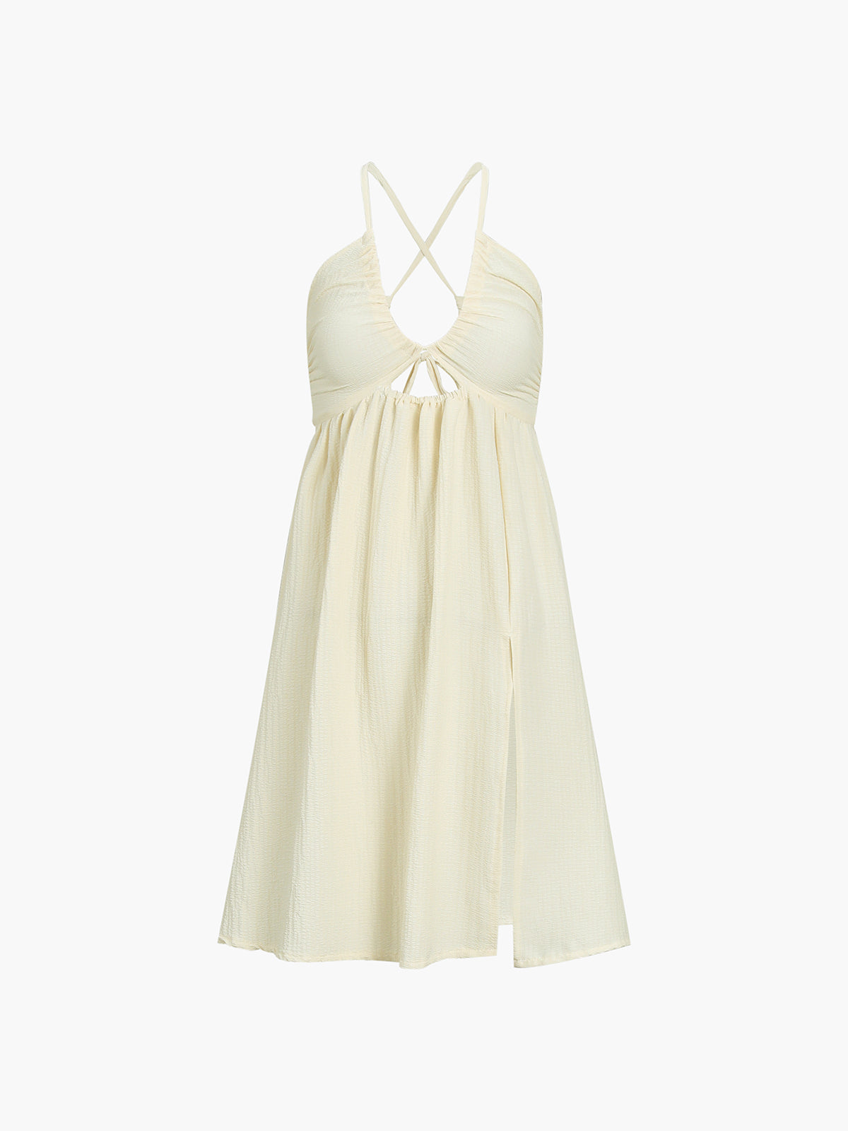 Cream midi dress with a halter neckline, crisscross back straps, and split flowy hem.