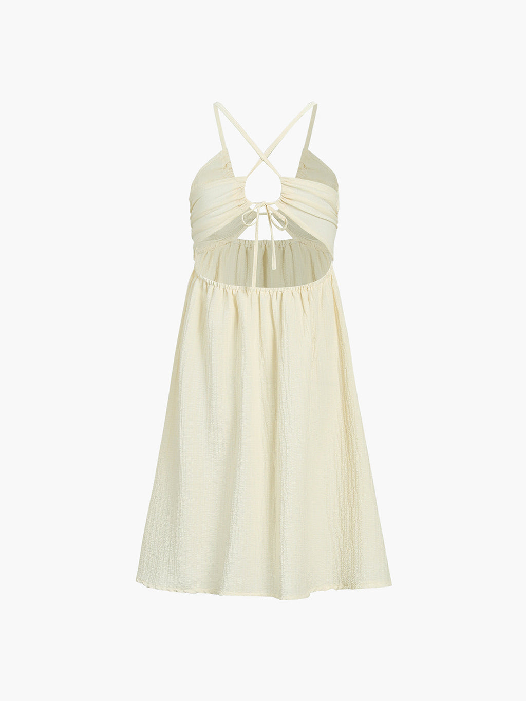 Light yellow midi dress with ruched bodice, gathered skirt, crisscross back, and front cutout.