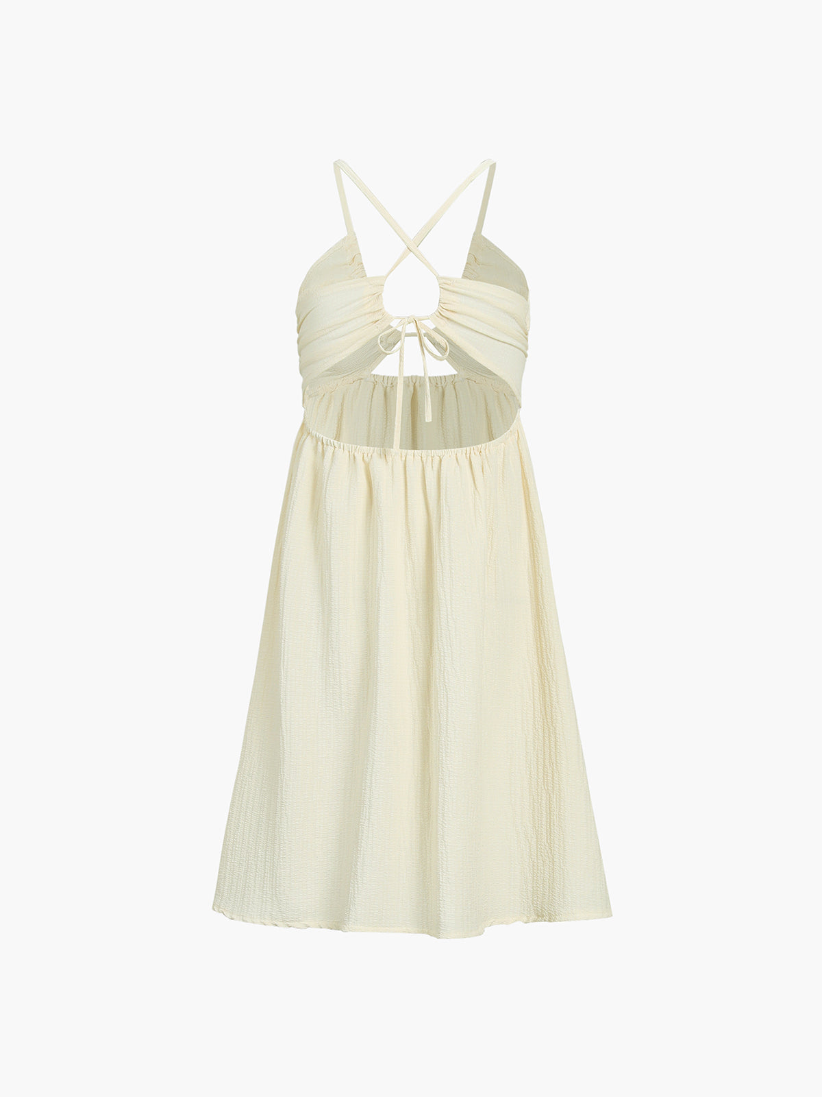 Light yellow midi dress with ruched bodice, gathered skirt, crisscross back, and front cutout.