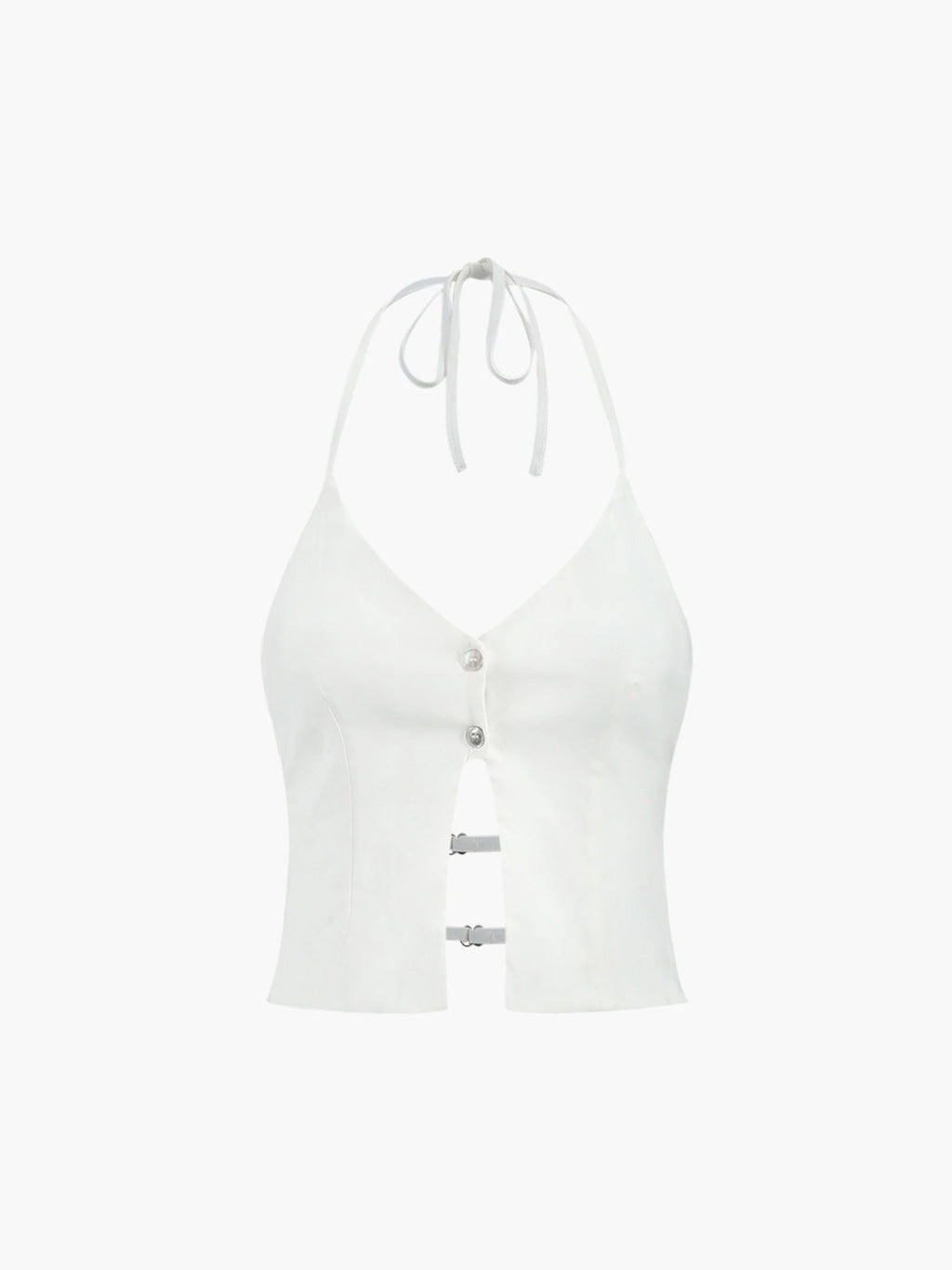 Sleeveless camisole top with deep V neckline, backless halter, buttons, and horizontal strap closures.
