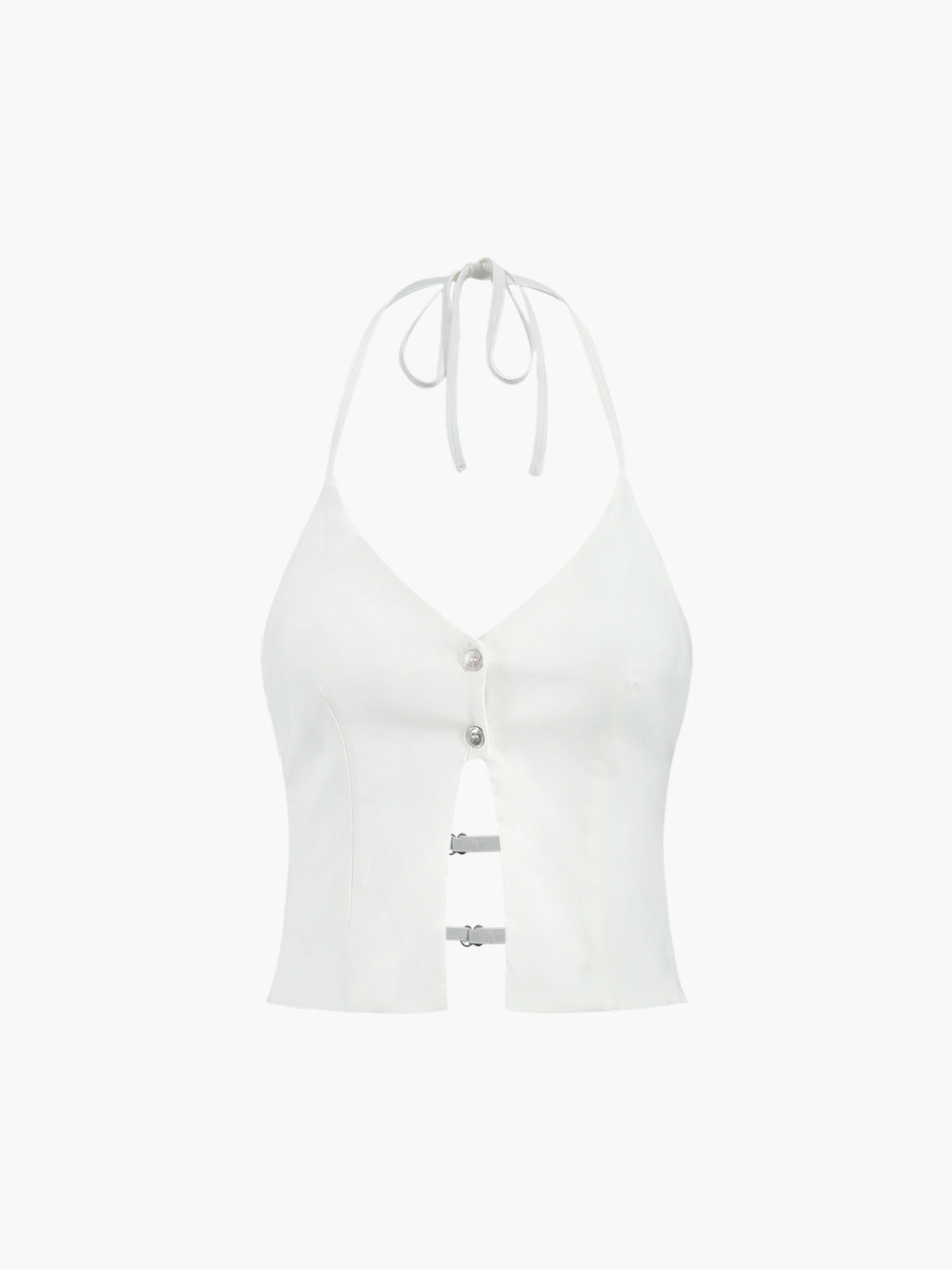 Sleeveless camisole top with deep V neckline, backless halter, buttons, and horizontal strap closures.