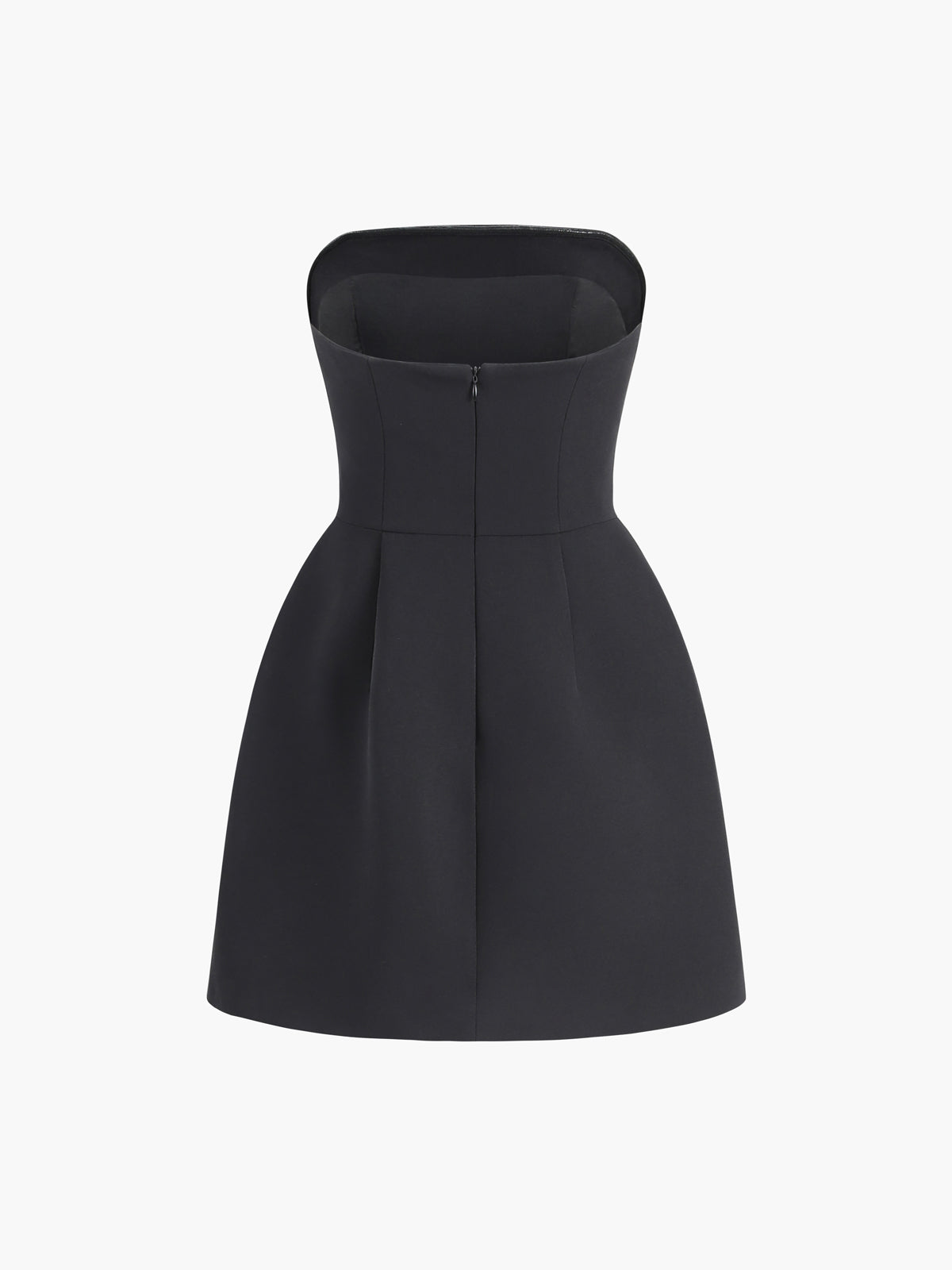 A black tube top mini dress with A-line shape, sleeveless design, and back zipper.