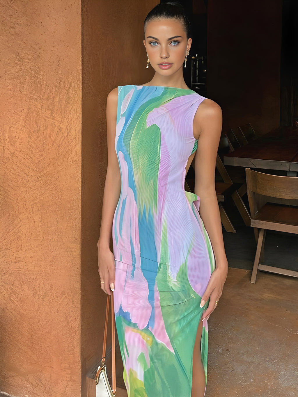 A Monet-Inspired floral garden sleeveless maxi dress with vibrant colors and flowing fabric.