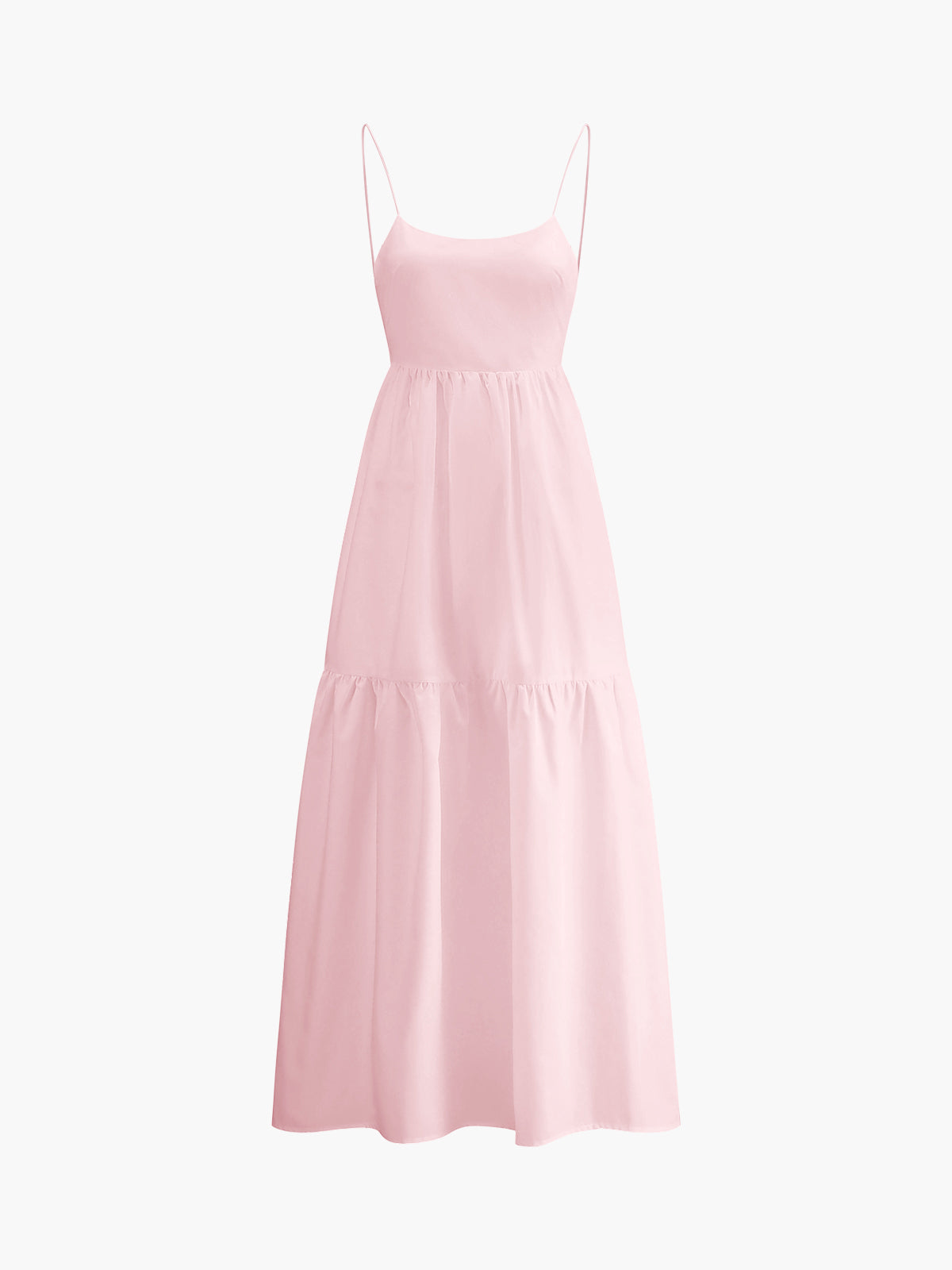 Light pink sleeveless maxi dress with thin straps, open back, fitted bodice, tiered skirt.