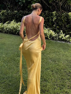 LA FINE FLEUR Semi-Satin Asymmetrical One Shoulder Long Dress with elegant draping.