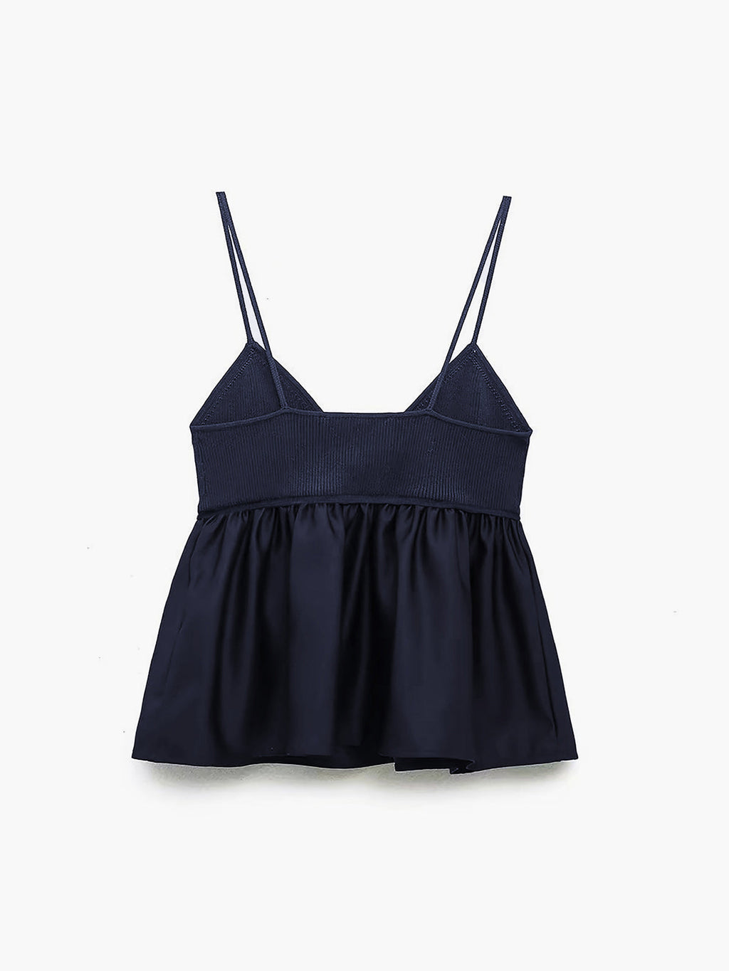 Navy blue satin camisole crop top with spaghetti straps, ribbed bodice, and ruffled hem.
