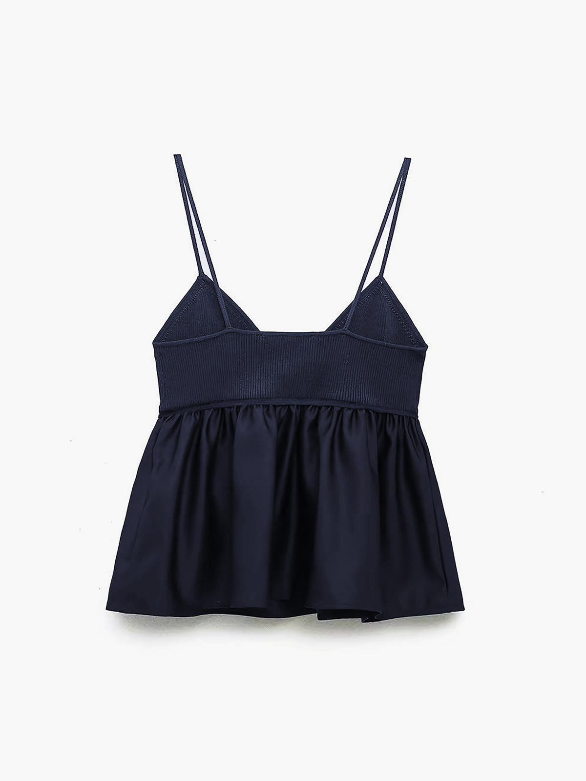 Navy blue satin camisole crop top with spaghetti straps, ribbed bodice, and ruffled hem.