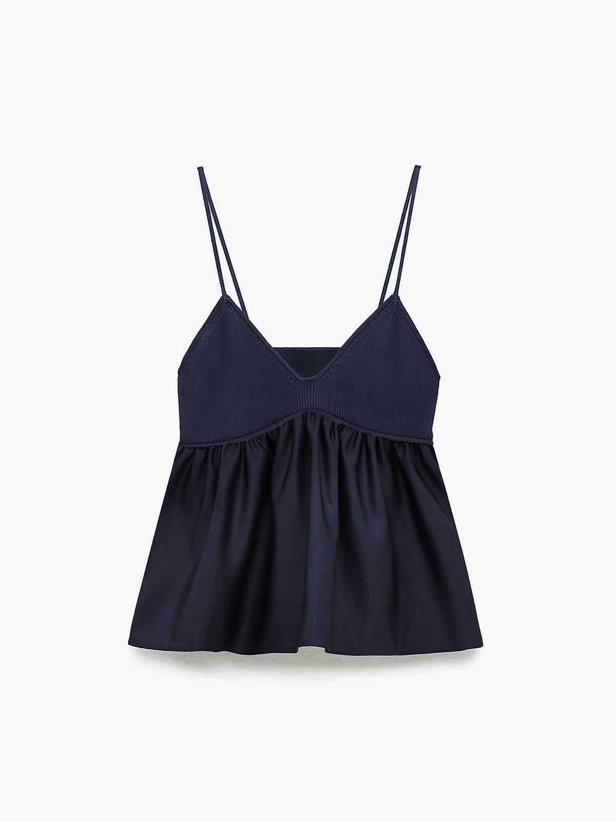 Navy blue satin camisole crop top with spaghetti straps, ribbed v-neck bodice, flared hem.