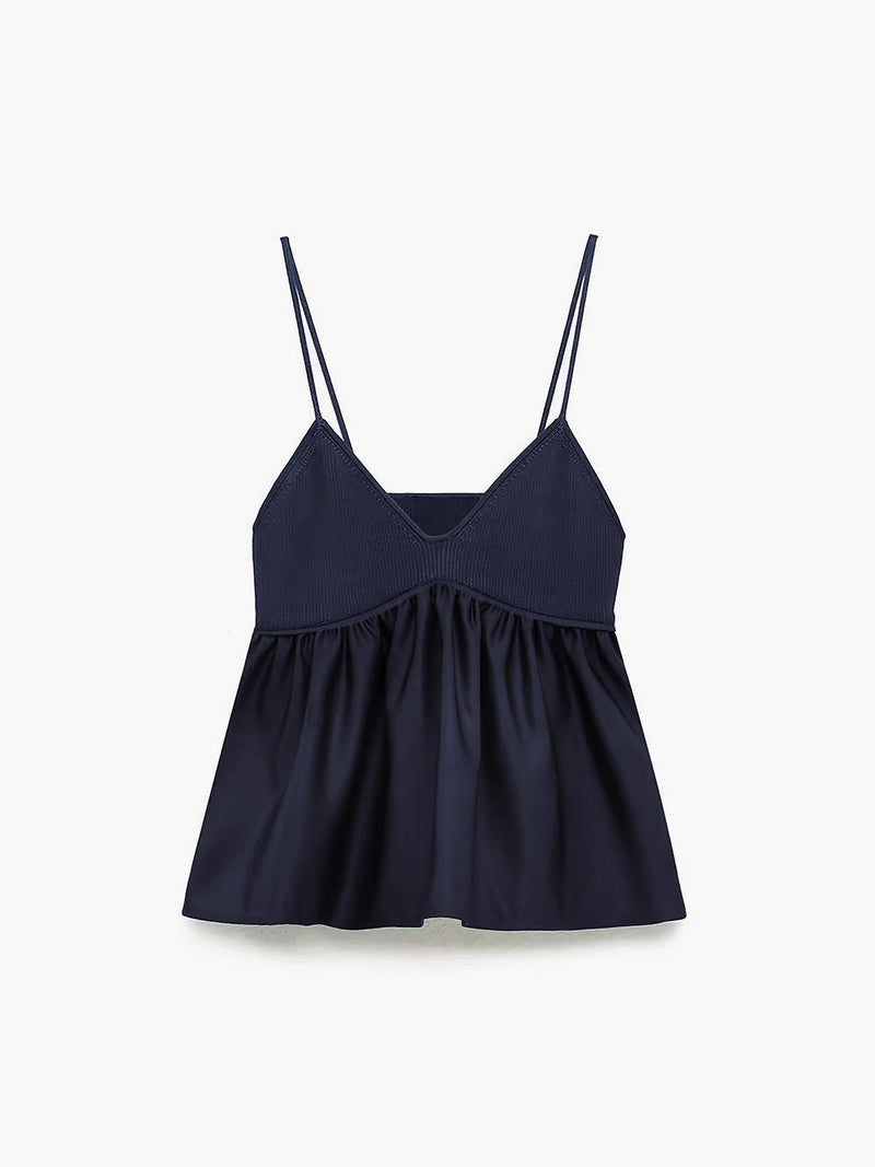Navy blue satin camisole crop top with spaghetti straps, ribbed v-neck bodice, flared hem.