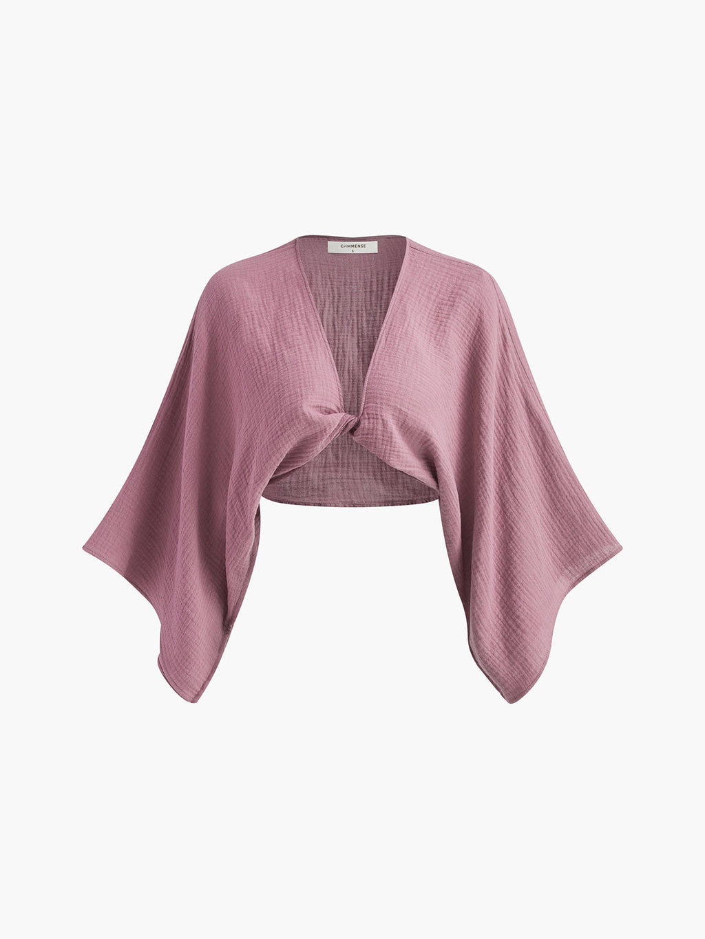 A mauve, kimono-inspired v-neck blouse with flowy sleeves and a front twist tie.