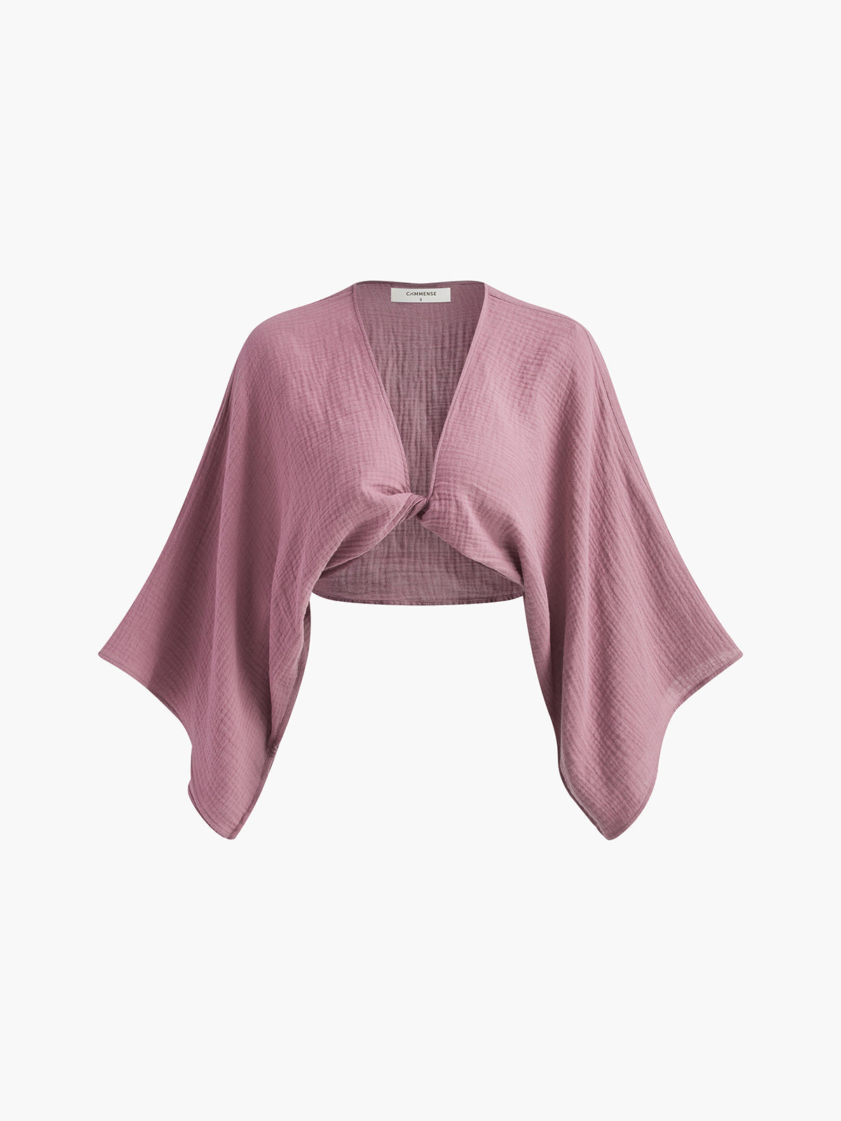 A mauve, kimono-inspired v-neck blouse with flowy sleeves and a front twist tie.