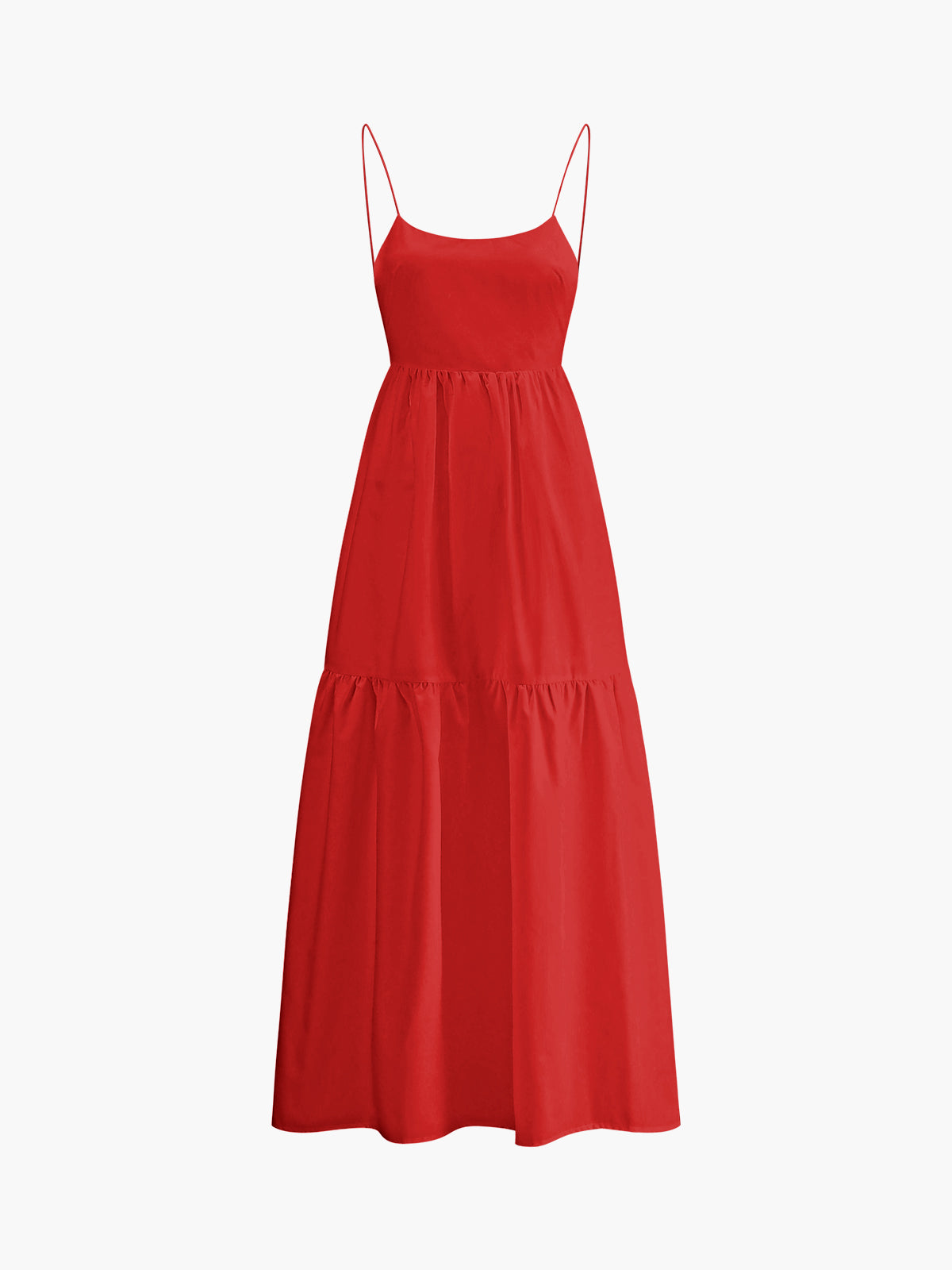 Bright red sleeveless long dress with spaghetti straps, fitted bodice, and flowy tiered skirt.