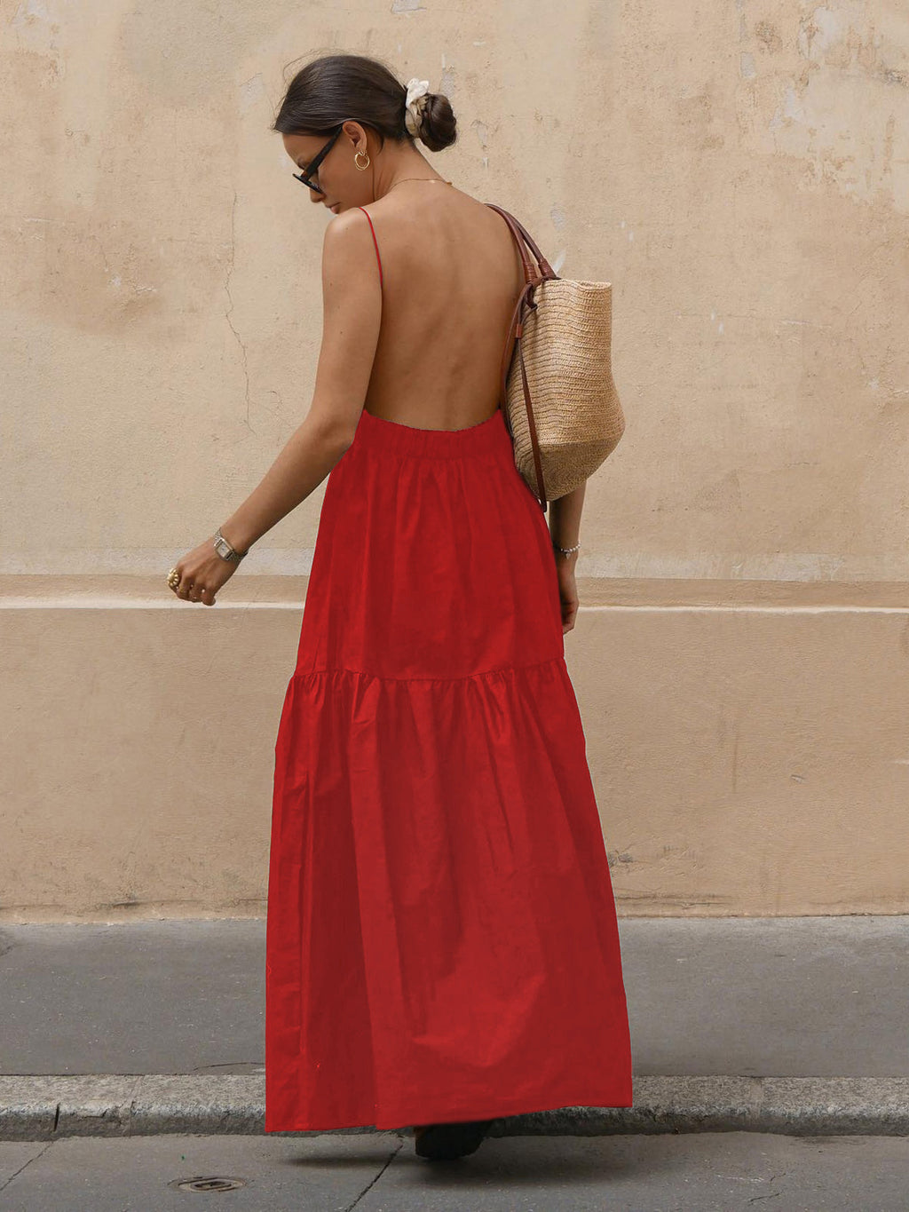 Elegant sleeveless long red dress with open back from LA FINE FLEUR.