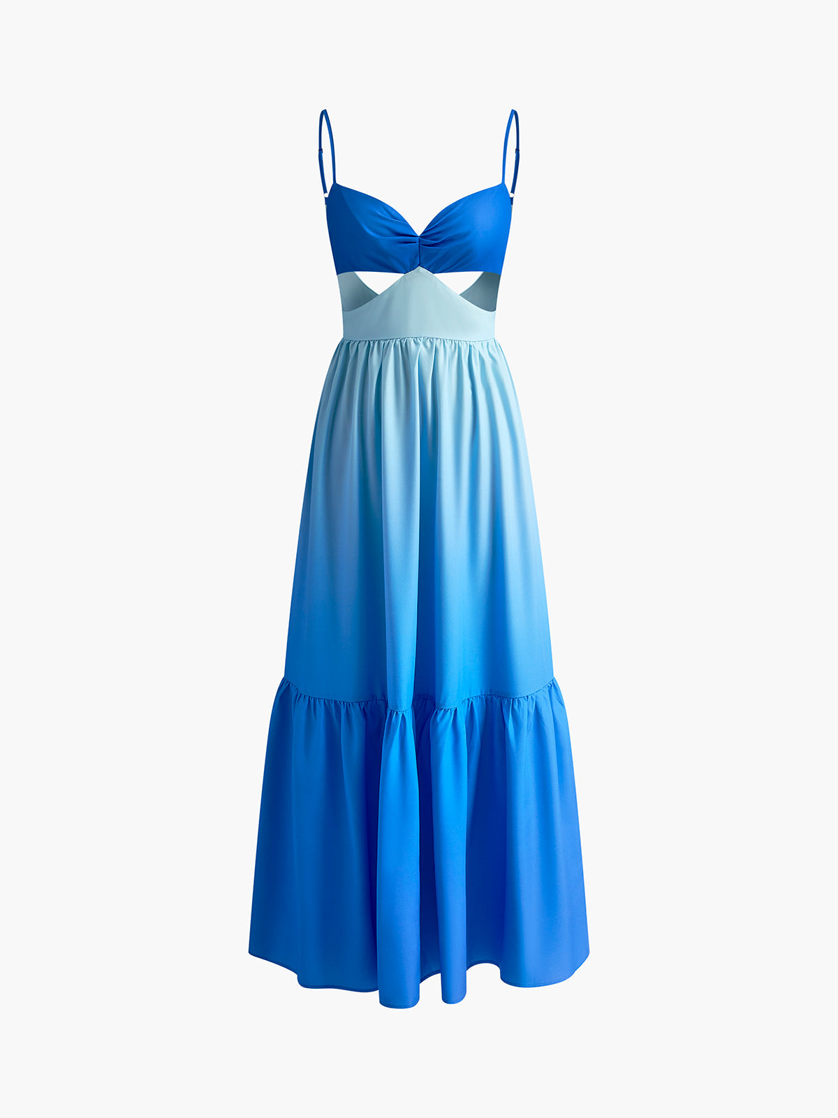 Backless long dress with thin straps, bust cutout, and gradient ombre from deep to light blue.