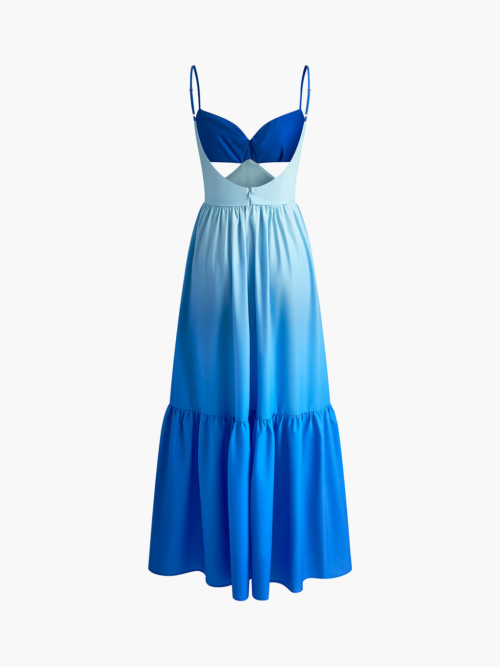 Sleeveless blue ombre maxi dress with thin straps, cutout bodice, and tiered skirt.