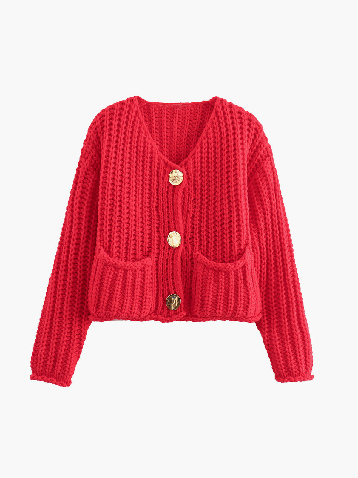 Bright red chunky knit cardigan with relaxed fit, V-neck, front pockets, and gold buttons.