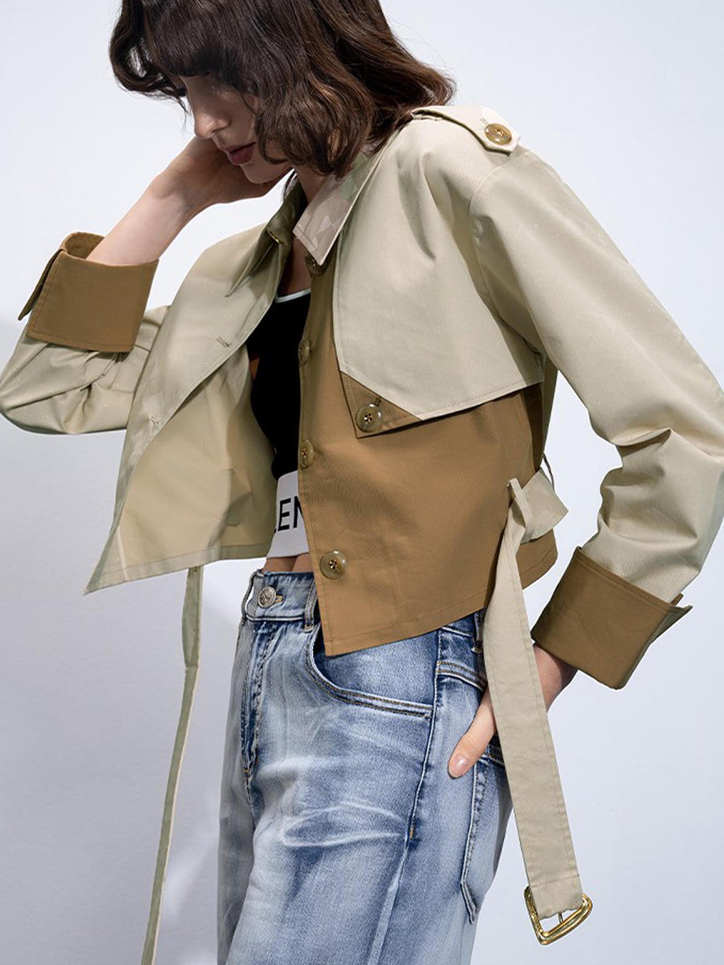 Dual-Tone Trench Coat with Buckle Belt