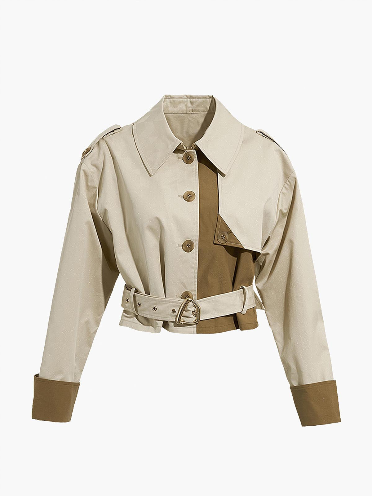 Cropped dual-tone trench coat with buckle belt, long sleeves, button front, beige and brown blocks.