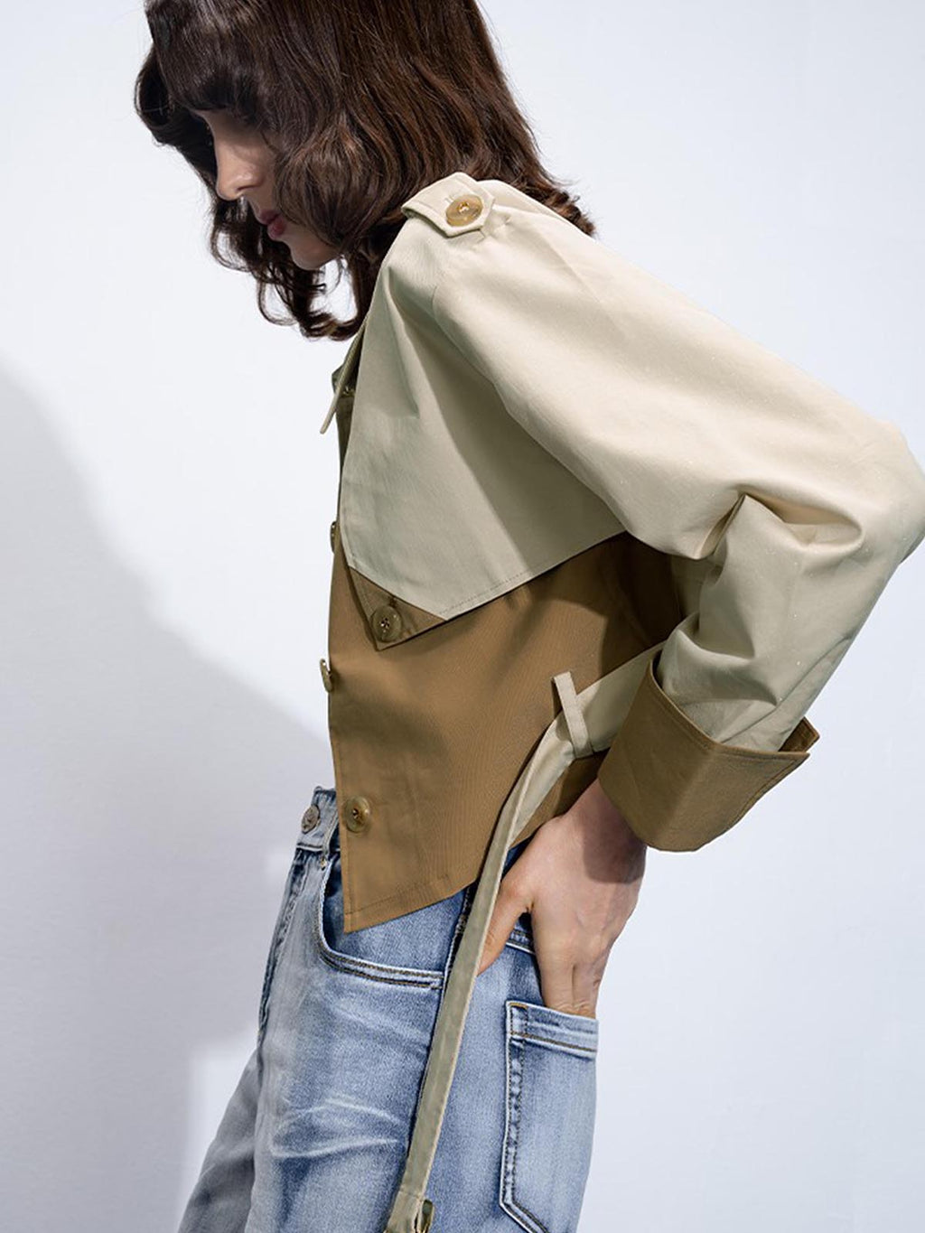 Dual-Tone Trench Coat with Buckle Belt
