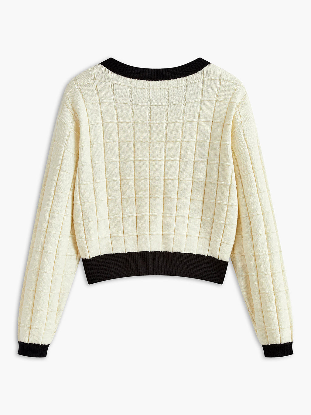 Cream plaid pullover sweater with black collar, waist, cuffs trim and long sleeves.