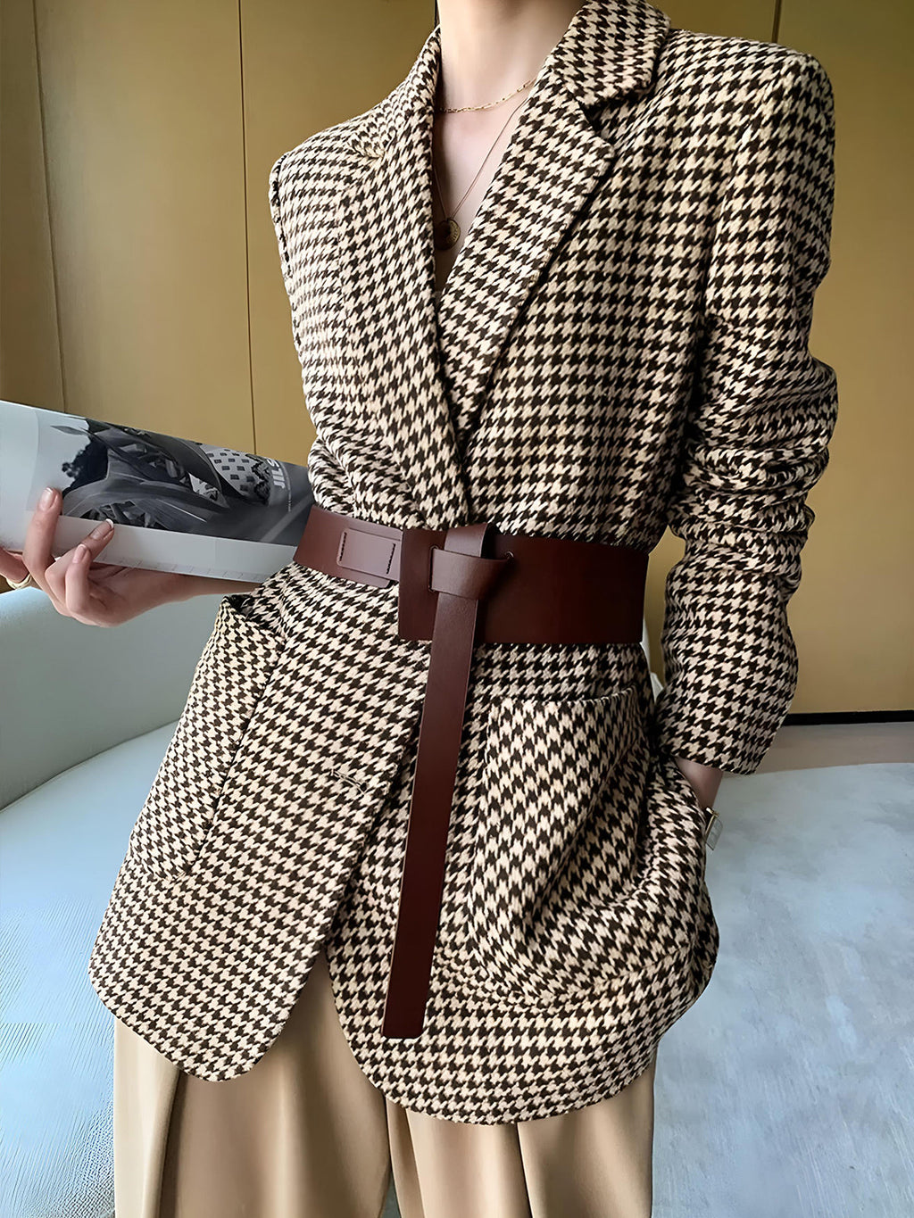 Houndstooth Blazer with Belt and Split Design