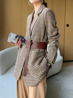 Houndstooth Blazer with Belt and Split Design
