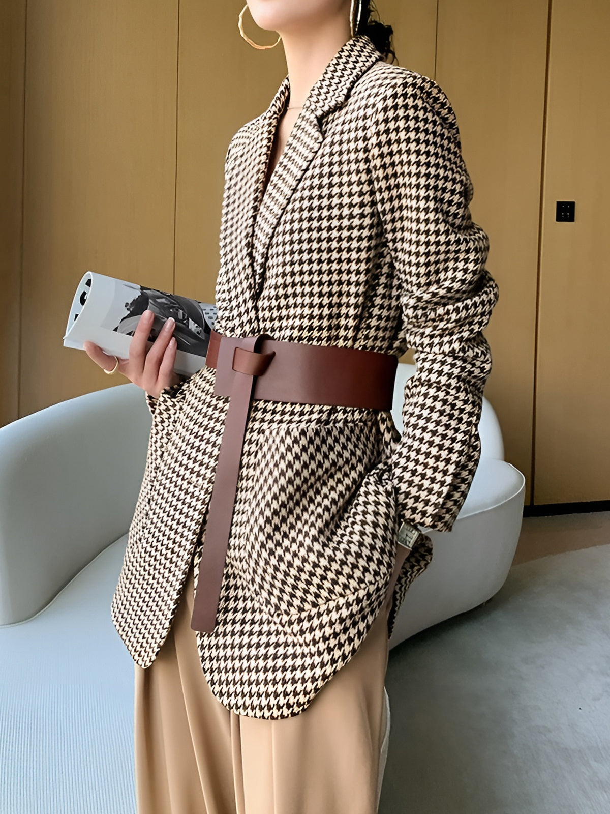 Houndstooth Blazer with Belt and Split Design