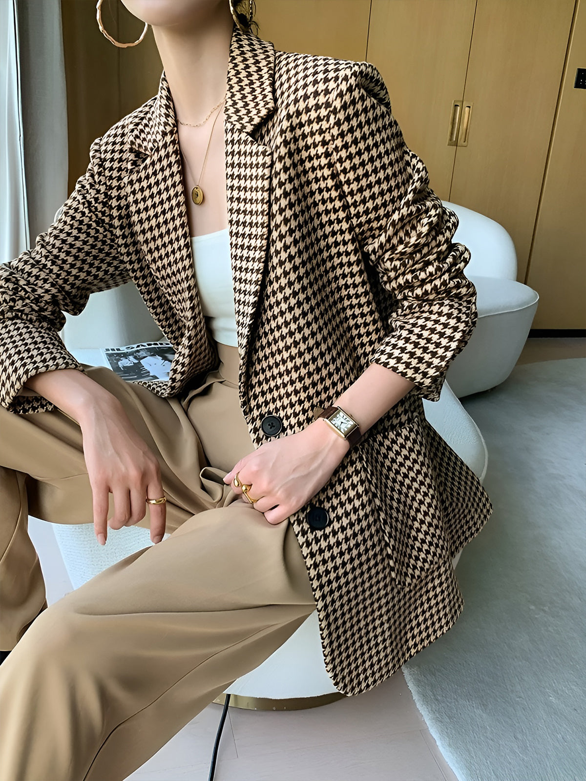 Houndstooth Blazer with Belt and Split Design