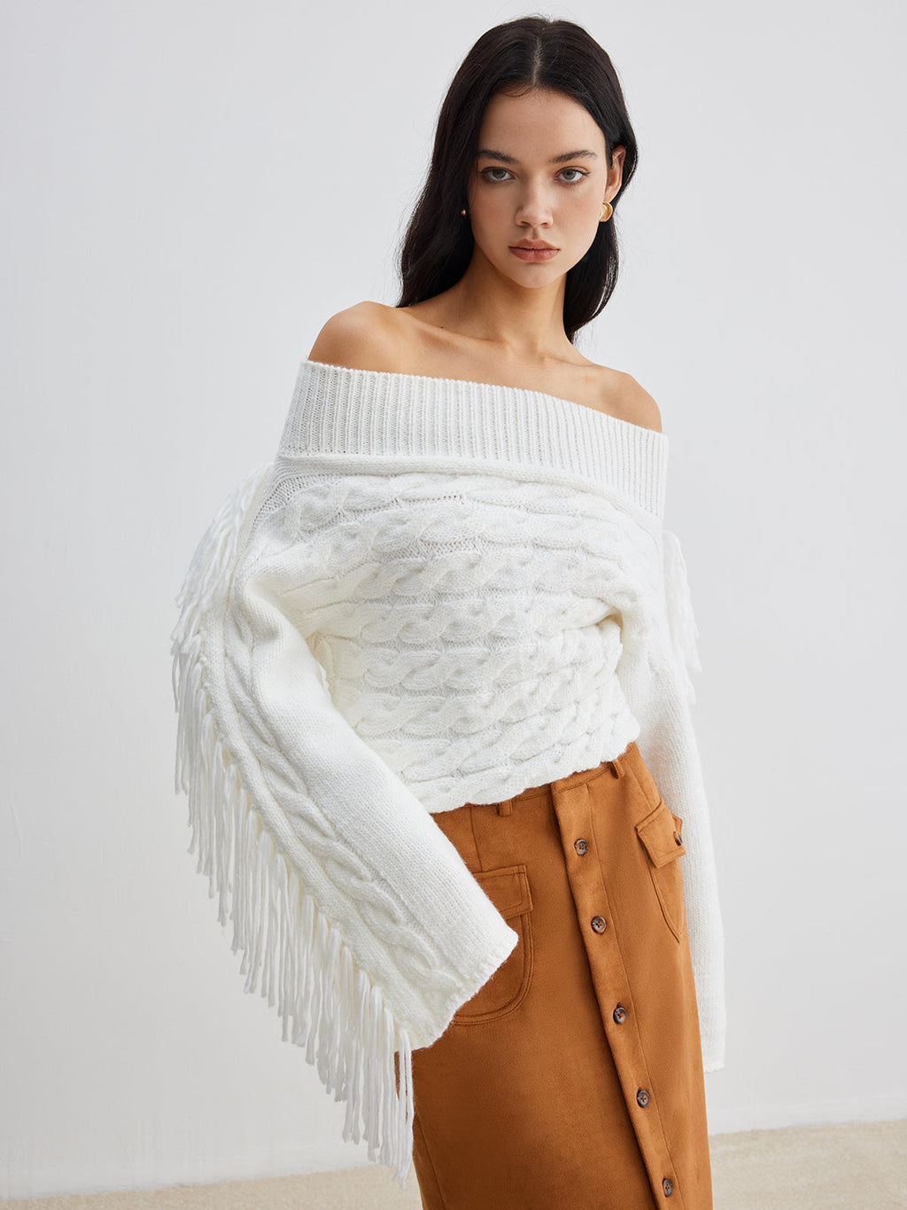 Beheme Off-Shoulder Sweater with Tassel Detail