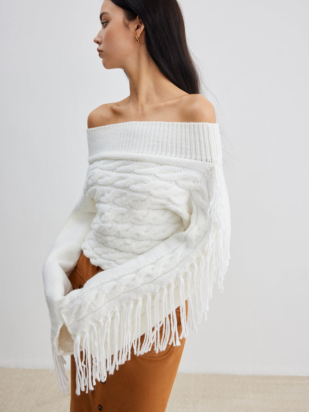 Beheme Off-Shoulder Sweater with Tassel Detail