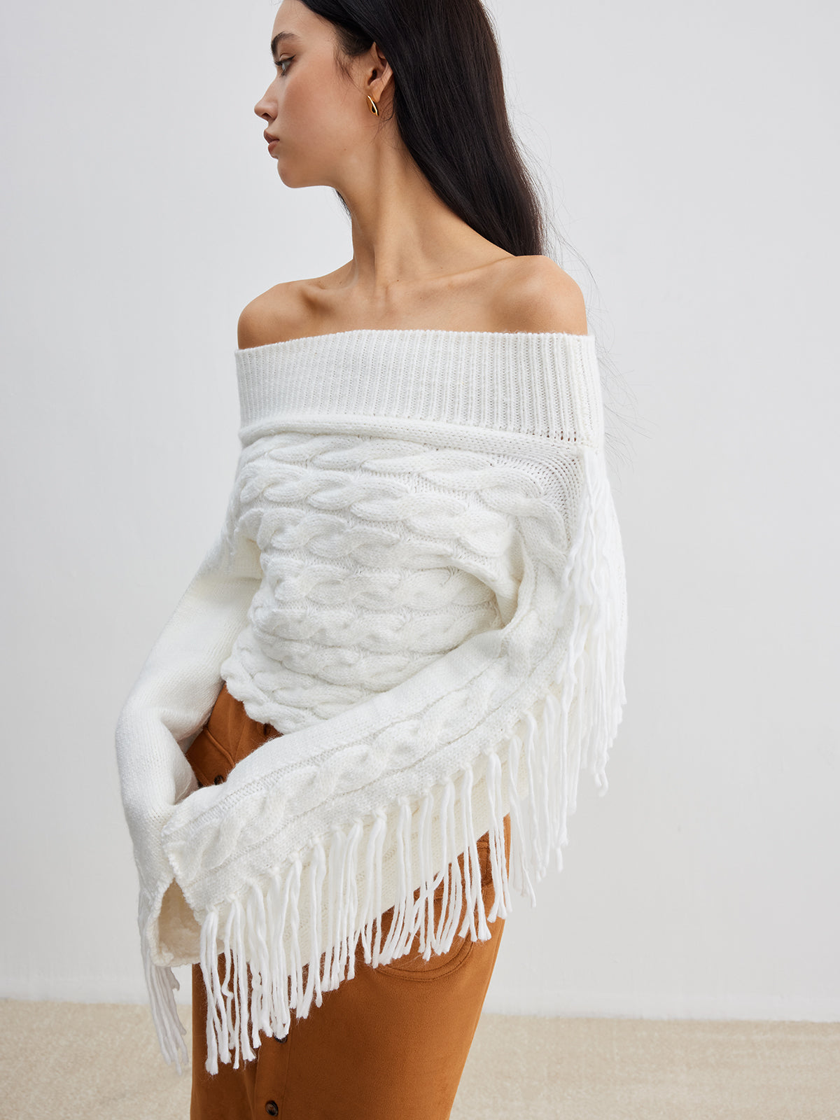 Beheme Off-Shoulder Sweater with Tassel Detail
