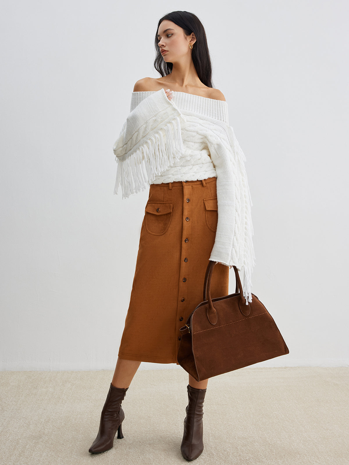 Beheme Off-Shoulder Sweater with Tassel Detail