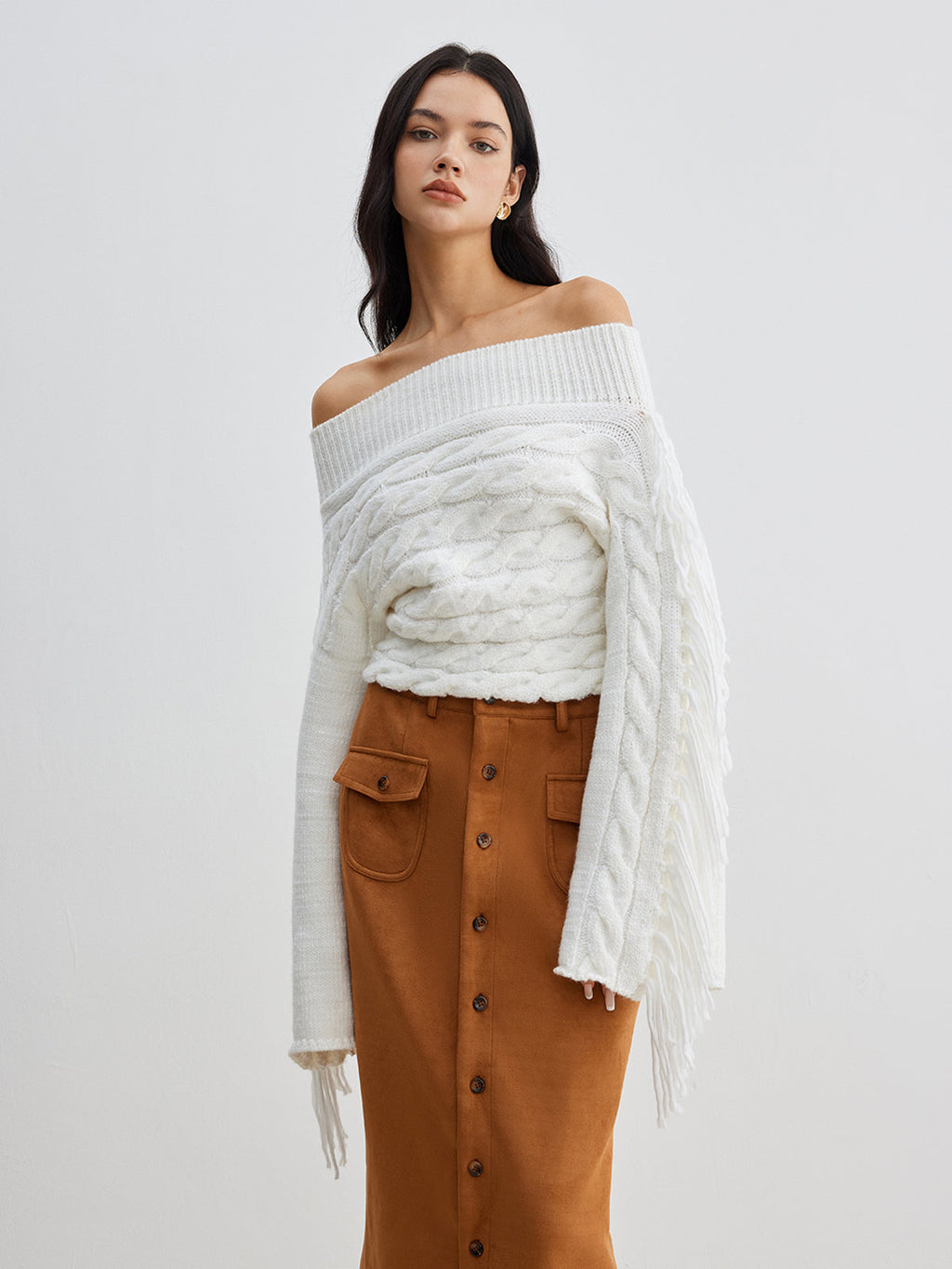 Beheme Off-Shoulder Sweater with Tassel Detail