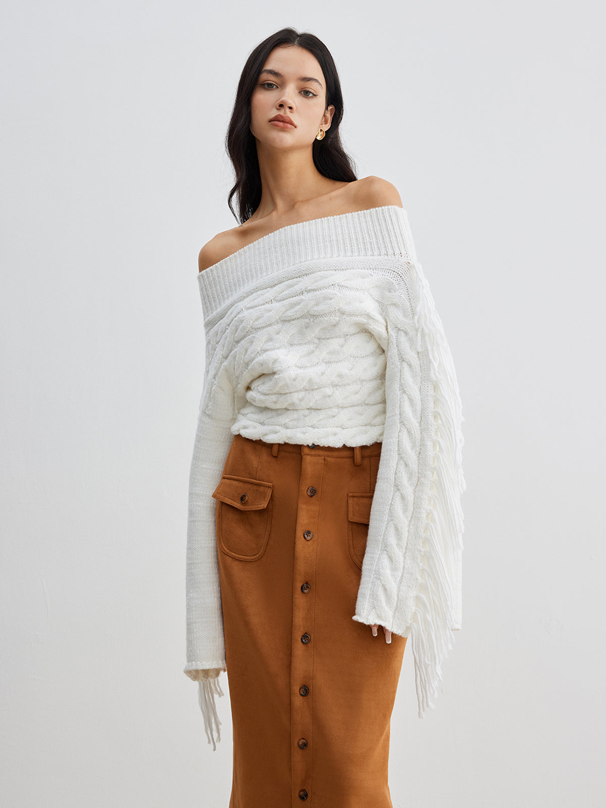 Beheme Off-Shoulder Sweater with Tassel Detail