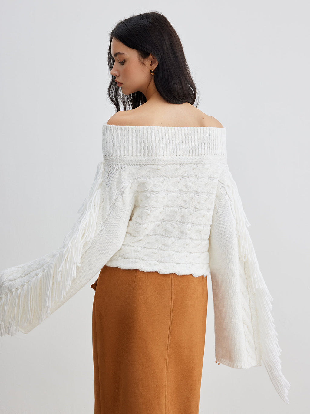 Beheme Off-Shoulder Sweater with Tassel Detail