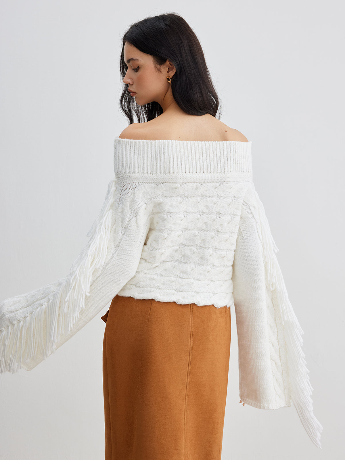Beheme Off-Shoulder Sweater with Tassel Detail