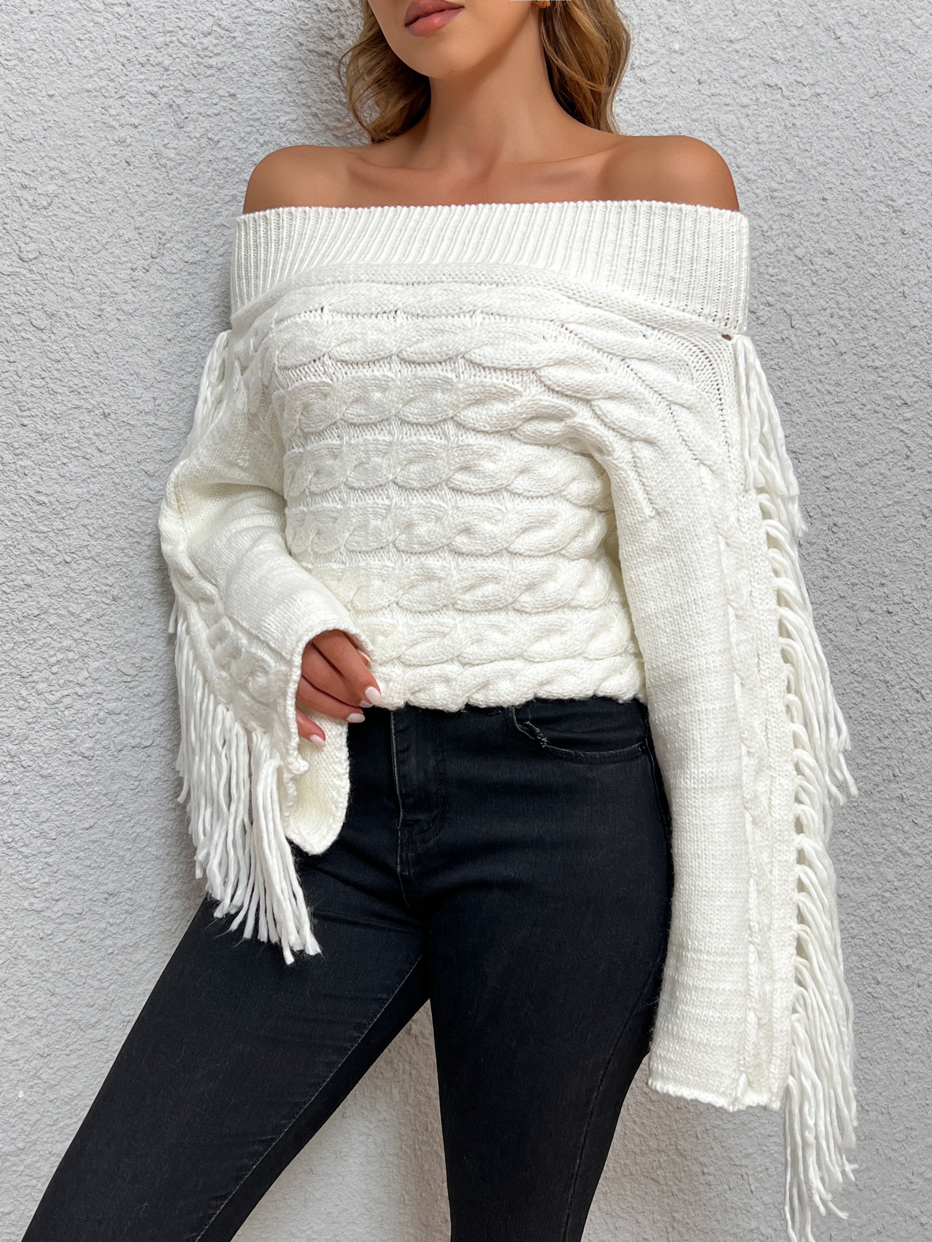 Beheme Off-Shoulder Sweater with Tassel Detail