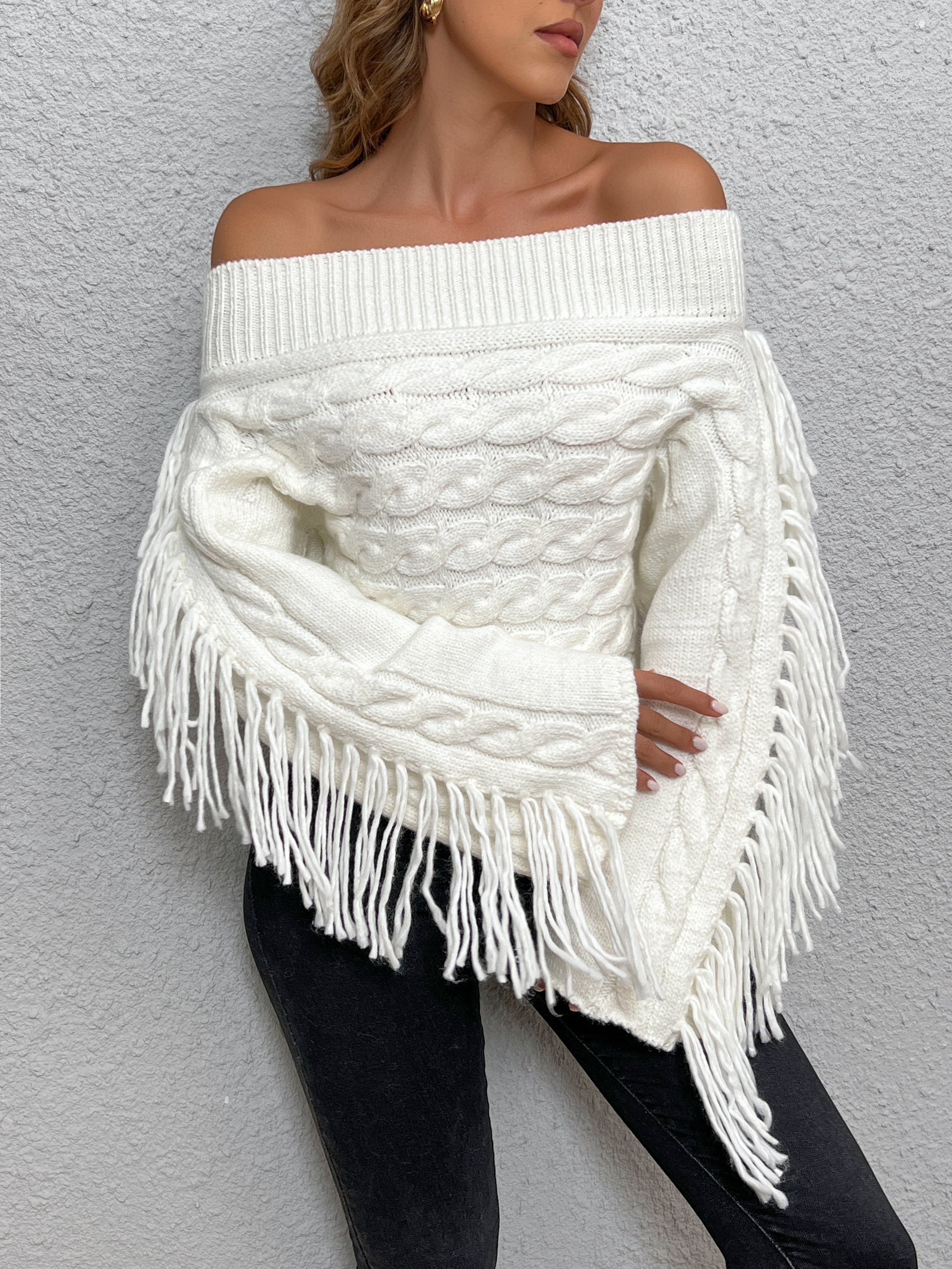 Beheme Off-Shoulder Sweater with Tassel Detail
