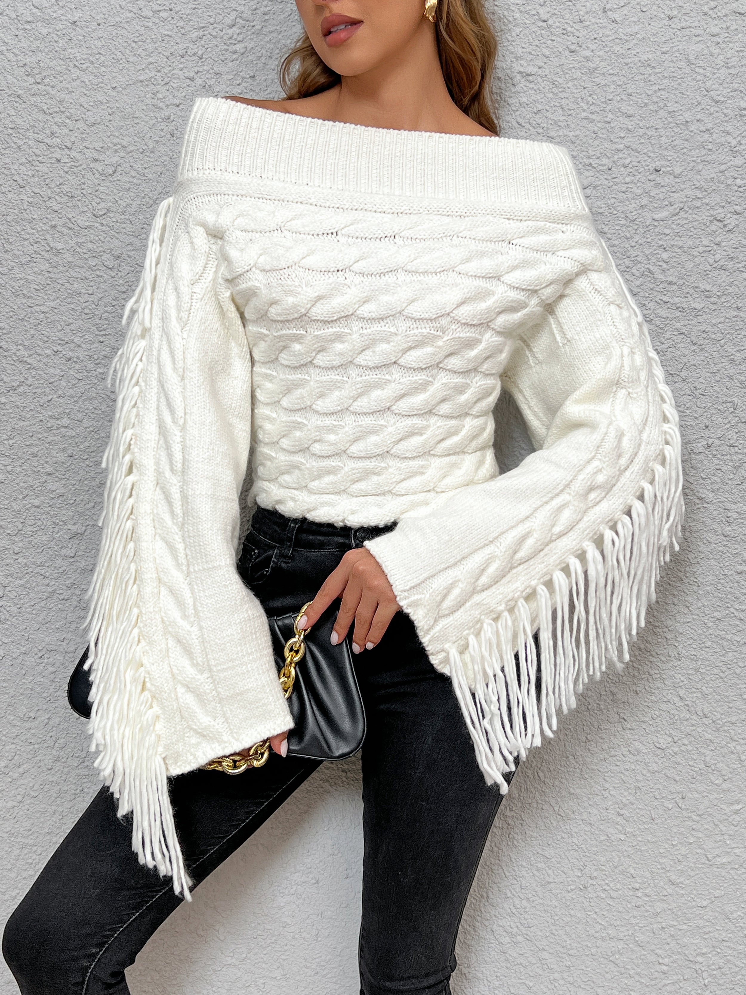 Beheme Off-Shoulder Sweater with Tassel Detail