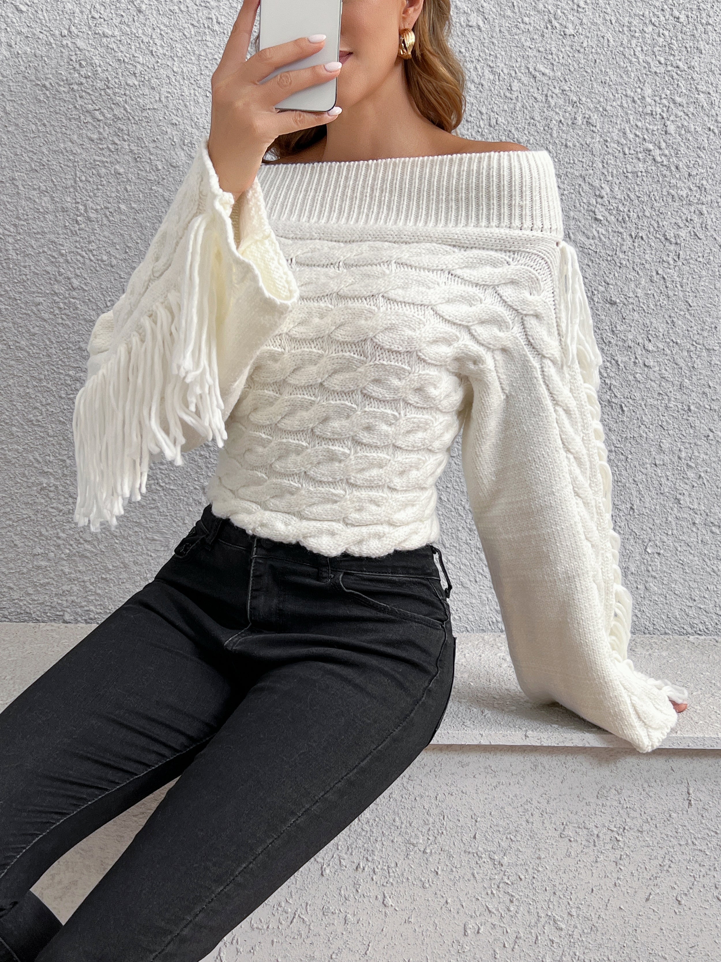 Beheme Off-Shoulder Sweater with Tassel Detail