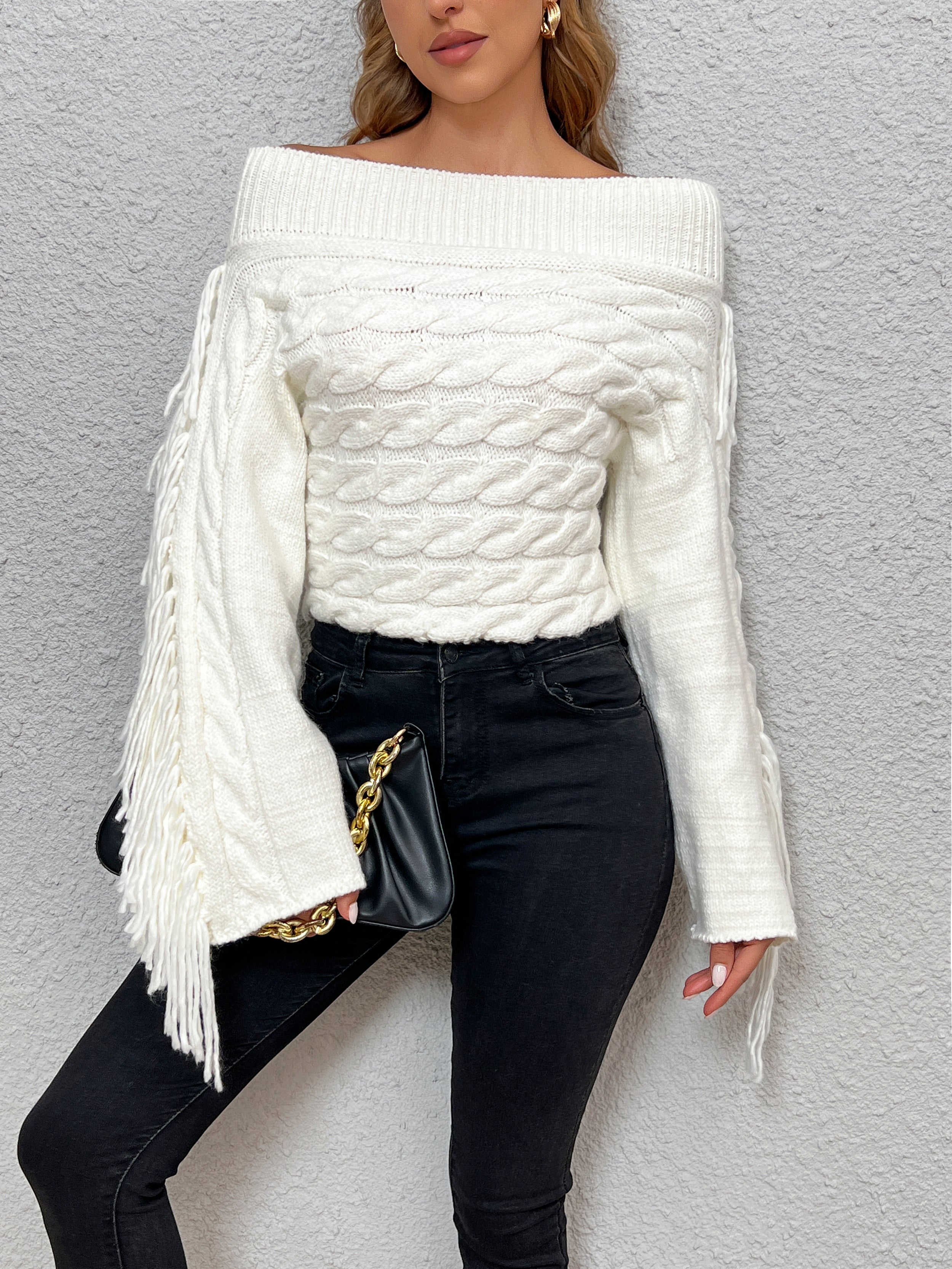 Beheme Off-Shoulder Sweater with Tassel Detail