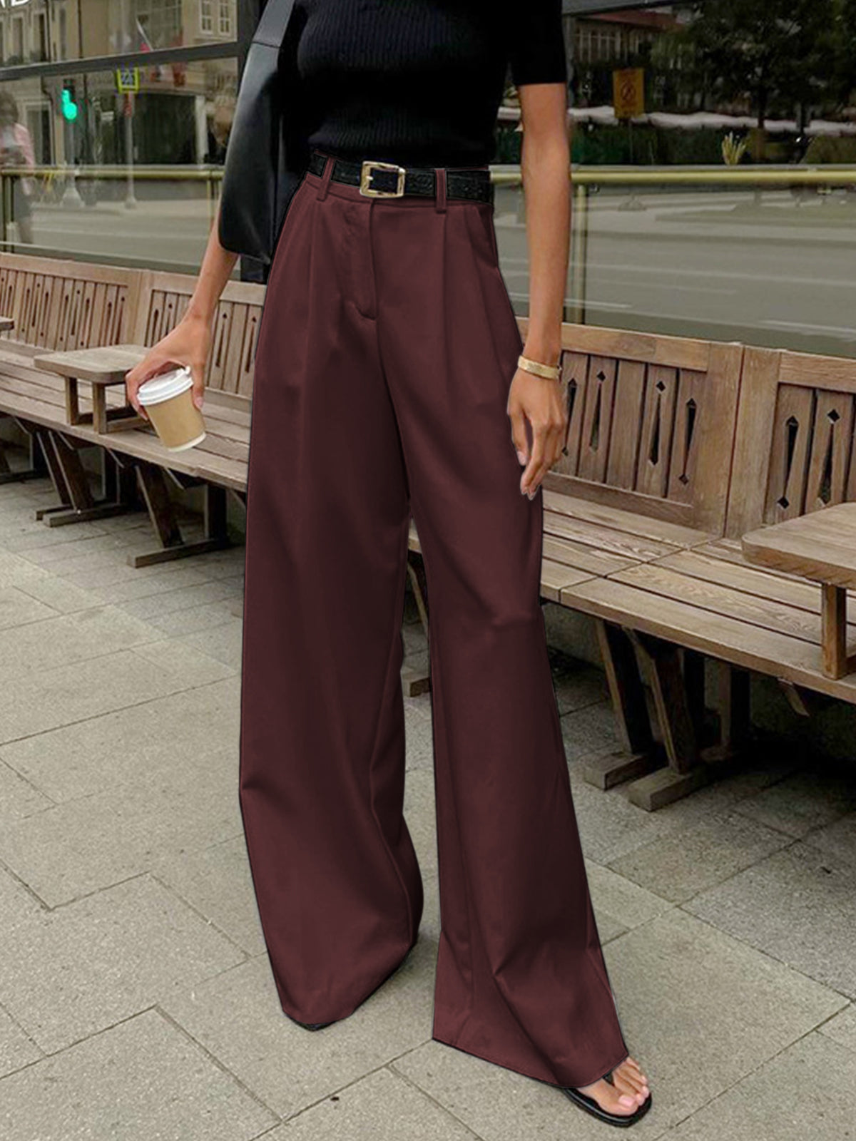 Stylish Wide Leg Pants, Belt Sold Separately