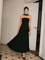 LA FINE FLEUR Choker Neck Dress with Pleated Front Detail, slim fit, strapless black top.