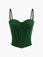 Dark green velvet corset top with zipper, piping, sweetheart neckline, underwire cups, black straps.