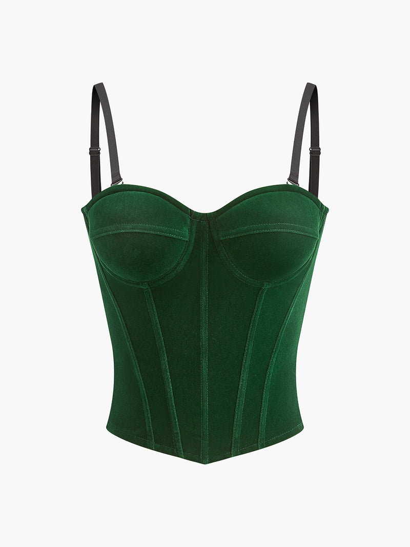 Dark green velvet corset top with zipper, piping, sweetheart neckline, underwire cups, black straps.