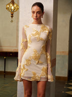 Elegant Floral Mesh Dress by LA FINE FLEUR, slim fit with ornate gold floral embroidery.