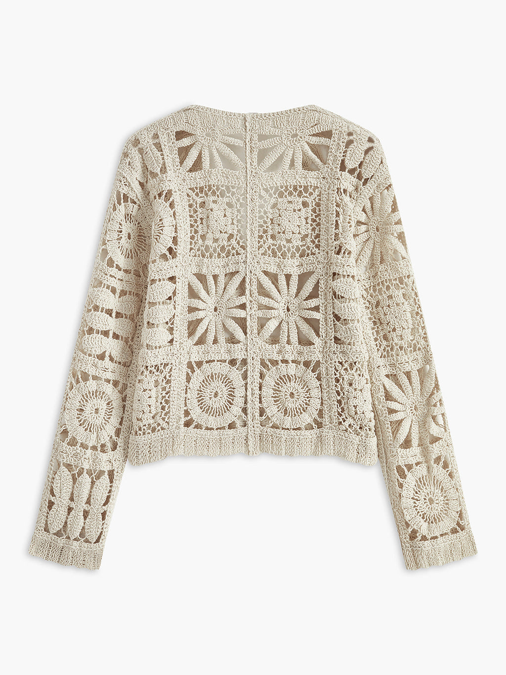 A cream crochet button-up sweater with long sleeves and openwork geometric floral patterns.