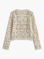 A cream crochet button-up sweater with long sleeves and openwork geometric floral patterns.