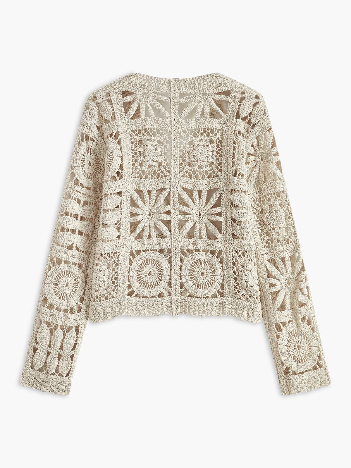 A cream crochet button-up sweater with long sleeves and openwork geometric floral patterns.